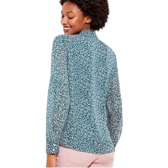 Loft Garden Tie Neck Blouse Green Floral Fluid Draped feminine - Picture 2 of 8